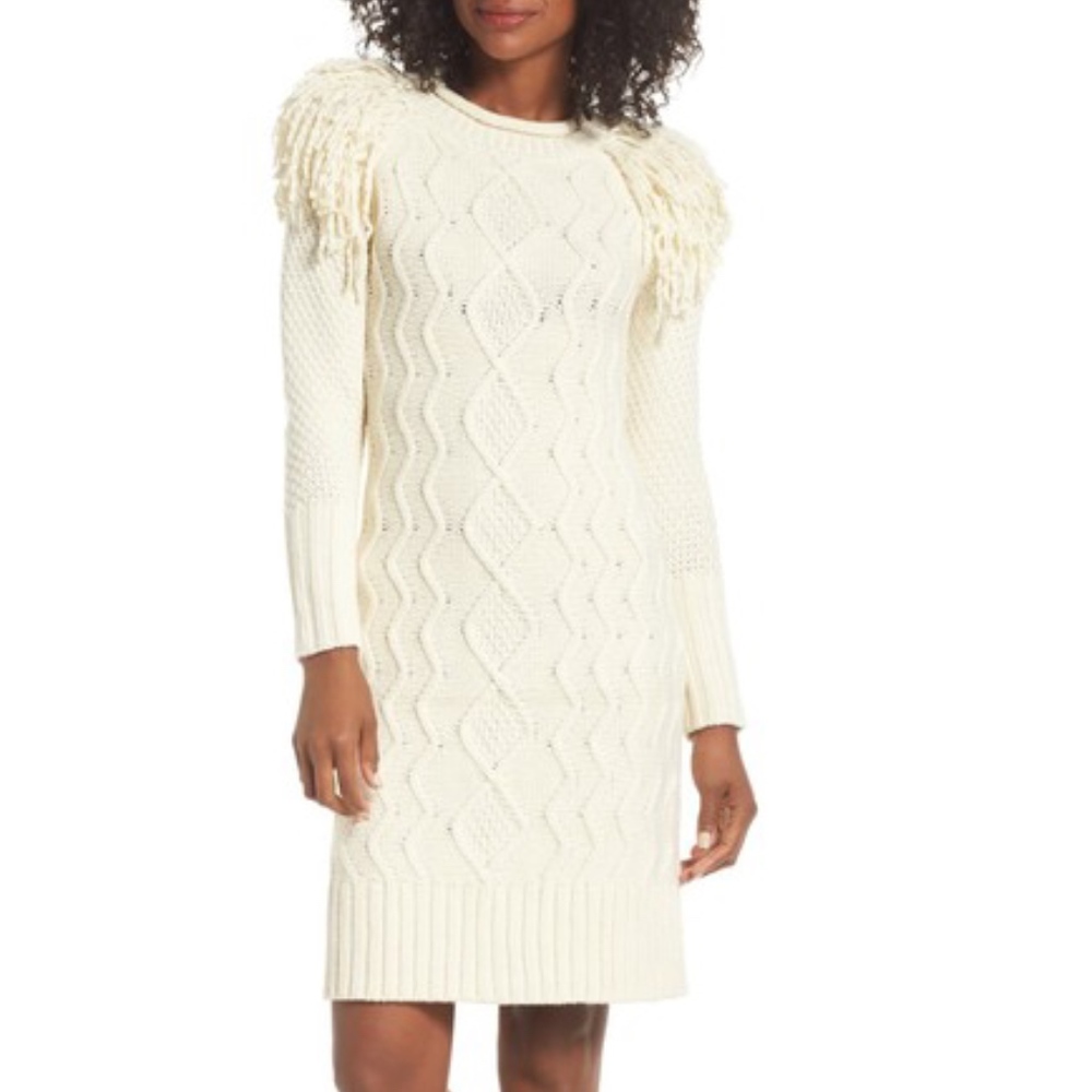 Eliza J Fringe shoulder cable sweater: sold out